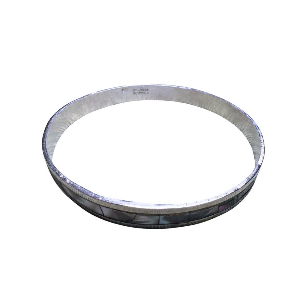 Abalone Shell Inlay Sterling Silver Round Bangle Bracelet Mexico Vintage - Picture 8 of 9